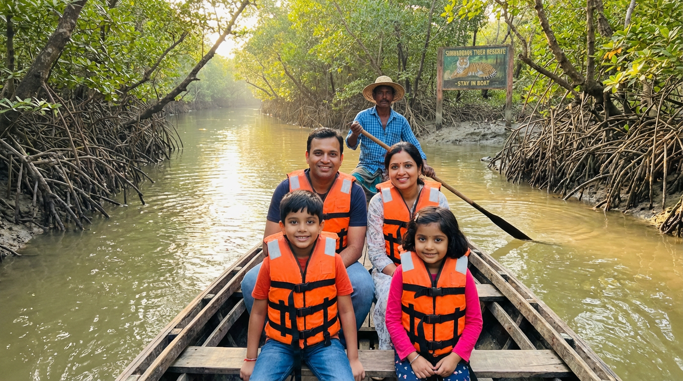 Indian family with children enjoying a boat safari through Sundarban mangrove creeks