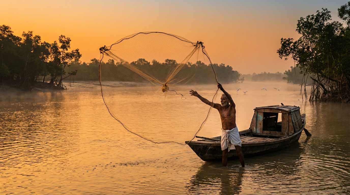 Local Sundarban fisherman casting a traditional circular net over a calm river at golden dawn with mangrove forests and mist in the background