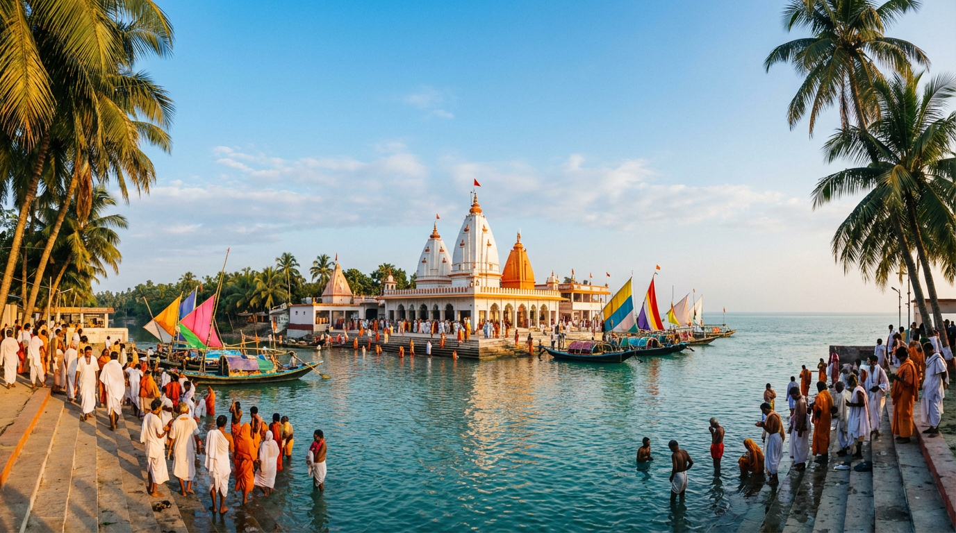 Gangasagar temple at the confluence of Ganga and Bay of Bengal with pilgrims performing rituals