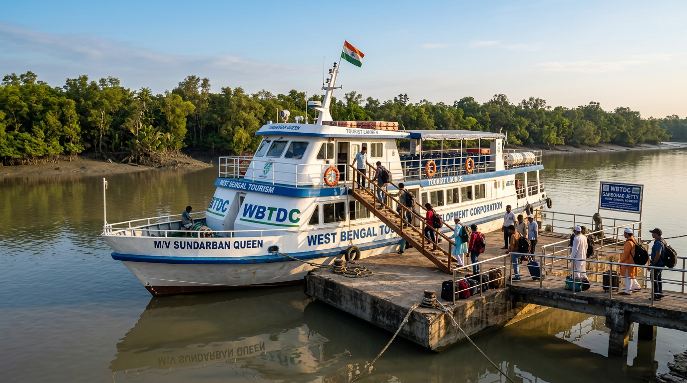 WBTDC government tourist launch boat at a Sundarban jetty ready for departure
