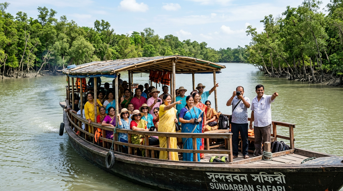 Large group of Indian tourists on a Sundarban boat safari with mangrove backdrop