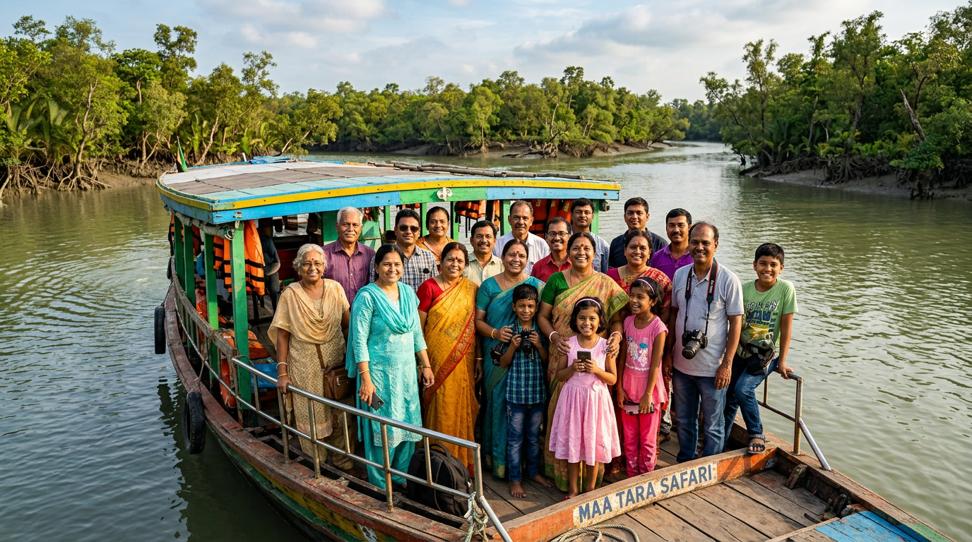 Large group of Indian tourists posing for a group photo on a colourful Sundarban safari boat with dense mangrove forest and tidal creek in the background