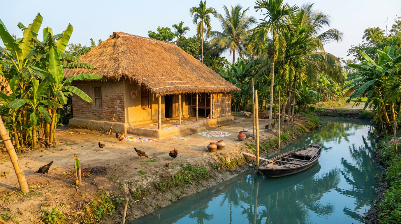 Traditional Sundarban village house with thatched roof beside a river used as an authentic homestay for tourists