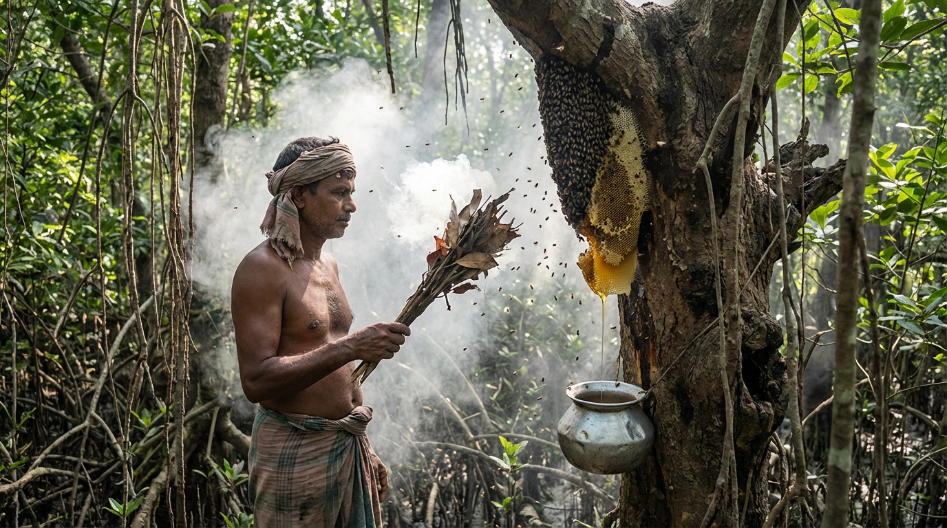 Traditional mouli honey collector using smoke to harvest wild honey from a mangrove hive in Sundarban forest