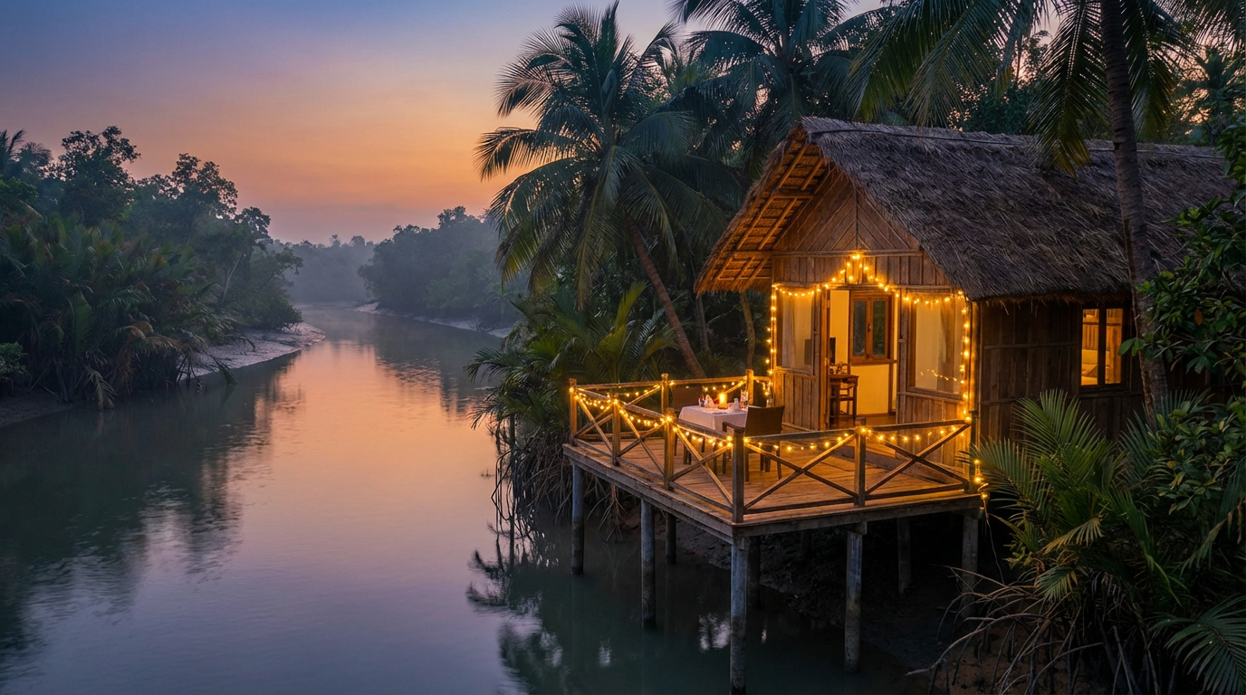 Romantic riverside cottage in the Sundarban delta with fairy lights and river view at sunset, perfect for a Sundarban honeymoon package