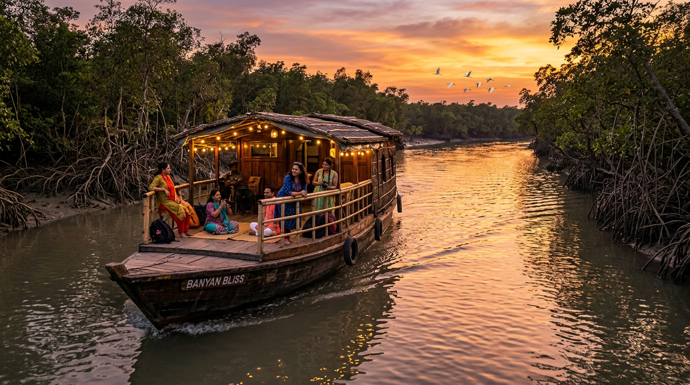 Sundarban houseboat tour package — guests enjoying a sunset cruise through the mangrove river