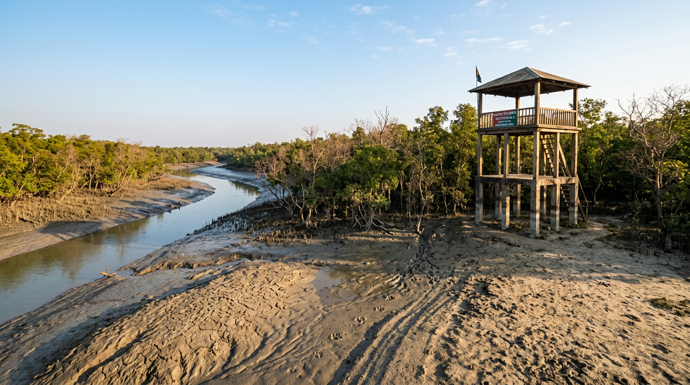 Sundarban tiger zone in January with a dry riverbank, watchtower, and mangrove forest under golden winter light — perfect setting for a Sundarban January tour package