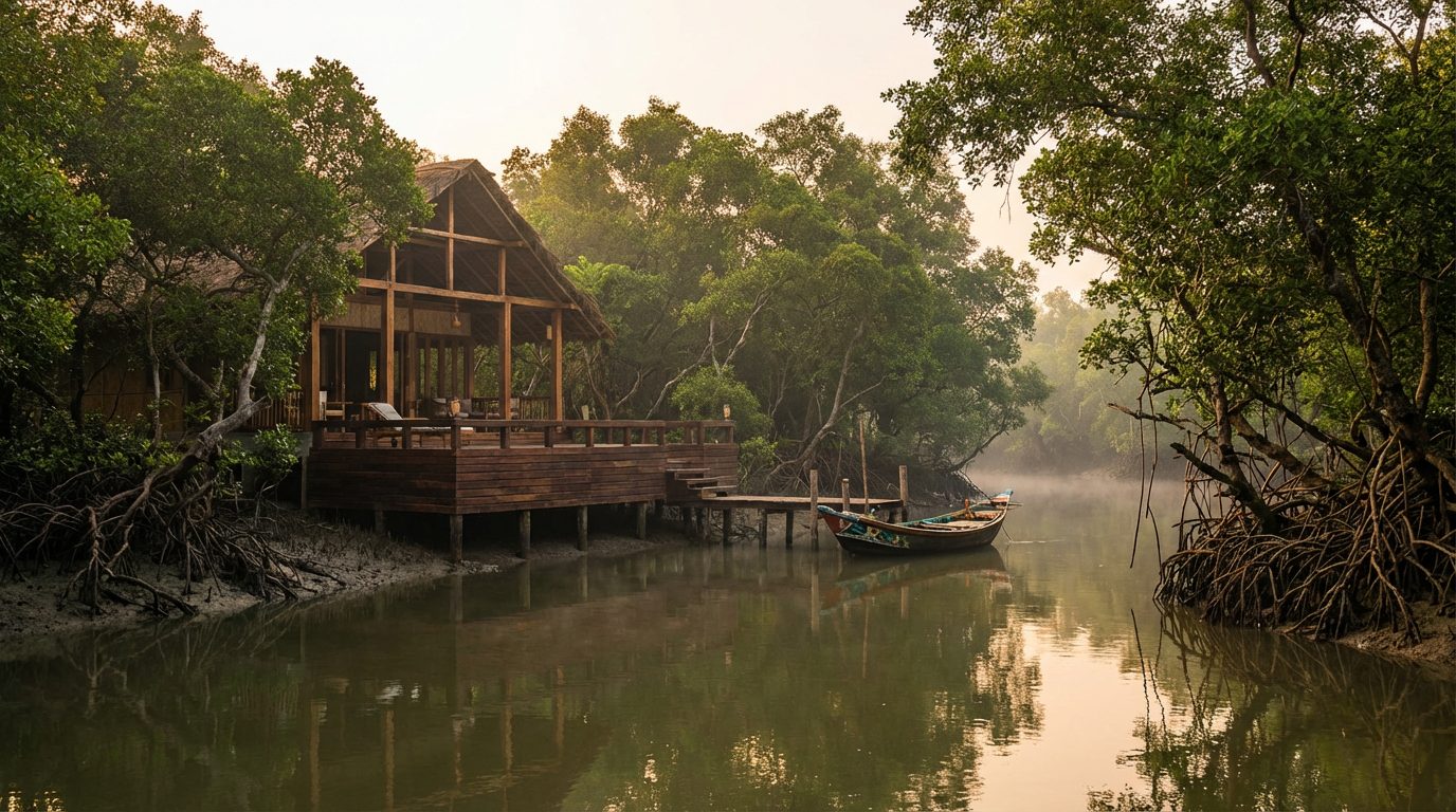 Sundarban jungle resort lodge surrounded by mangrove forest with river view