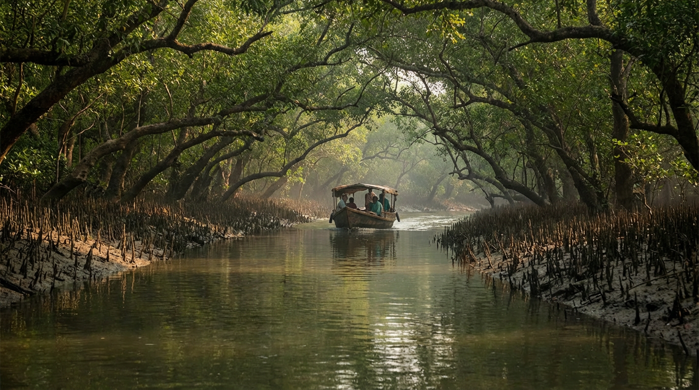 Tourist boat approaching through a narrow mangrove creek during a Sundarban jungle safari