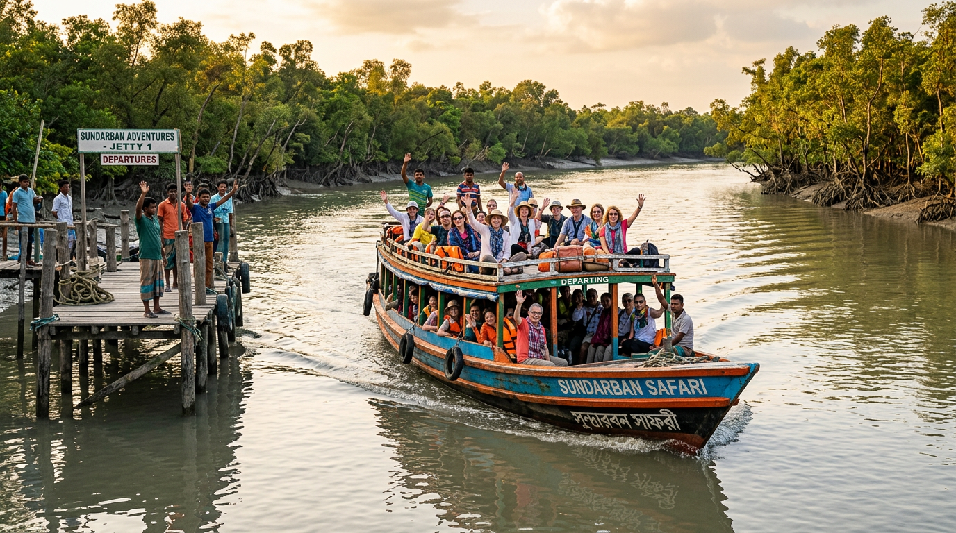 Sundarban Last Minute Tour Boat Departure Sundarban last minute booking boat departing from jetty with passengers