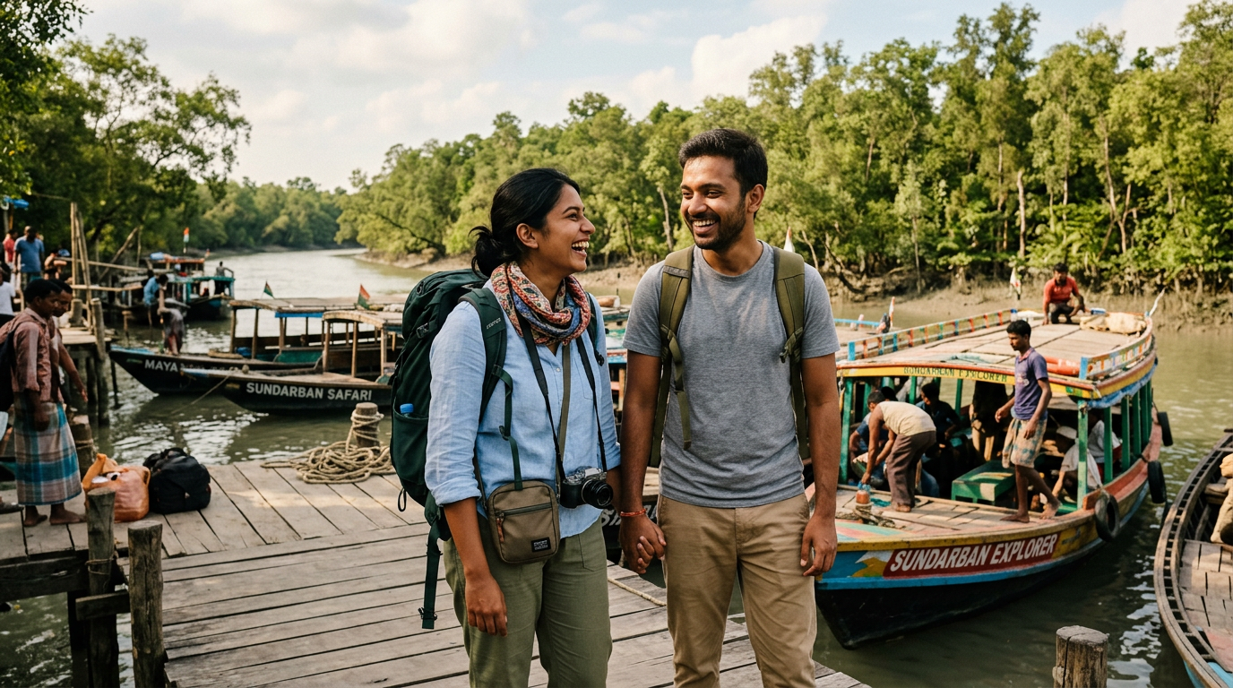 Sundarban Last Minute Tour Deal — Spontaneous Travel Sundarban last minute tour booking excited couple ready to board at jetty