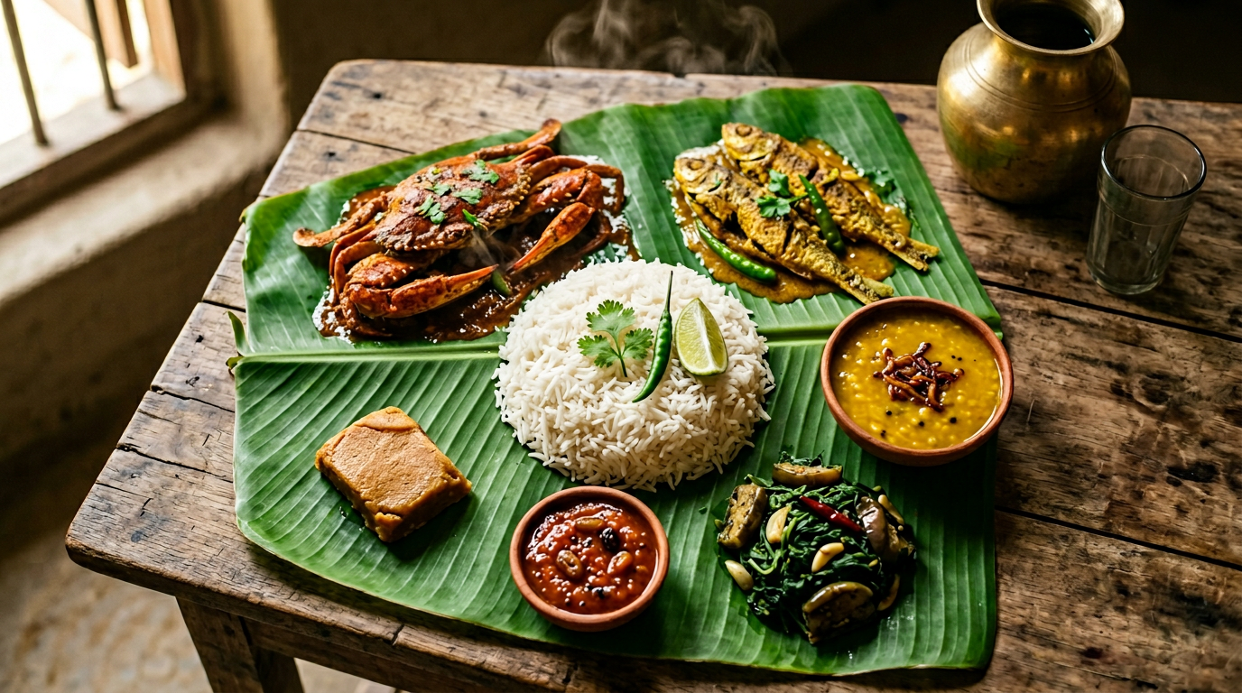 Sundarban local food — traditional Bengali thali with river fish curry, crab, rice, and dal served on a banana leaf