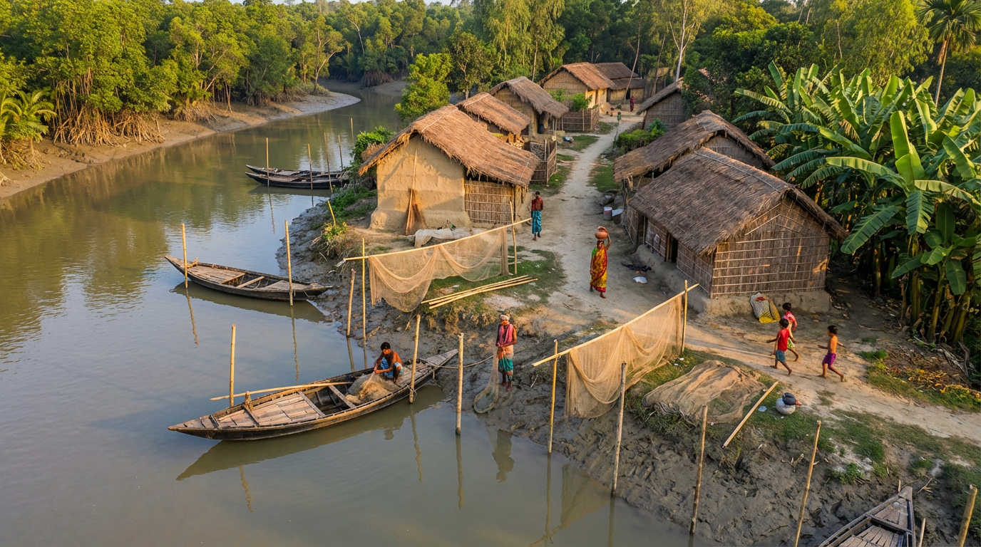 Sundarban local village tour showing thatched huts, fishing nets, and villagers by the river