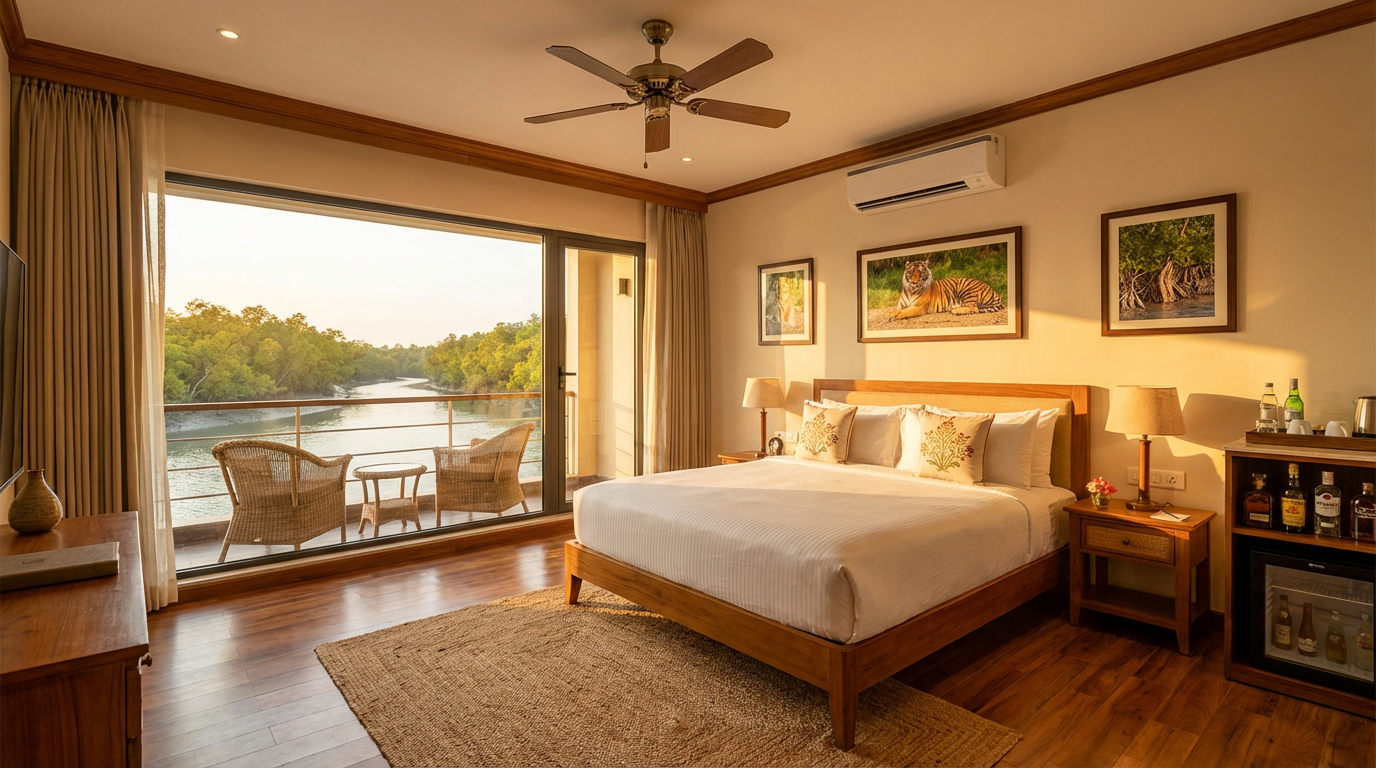 Luxury suite room in a Sundarban resort with river-facing balcony, premium wooden interiors, and mangrove forest views