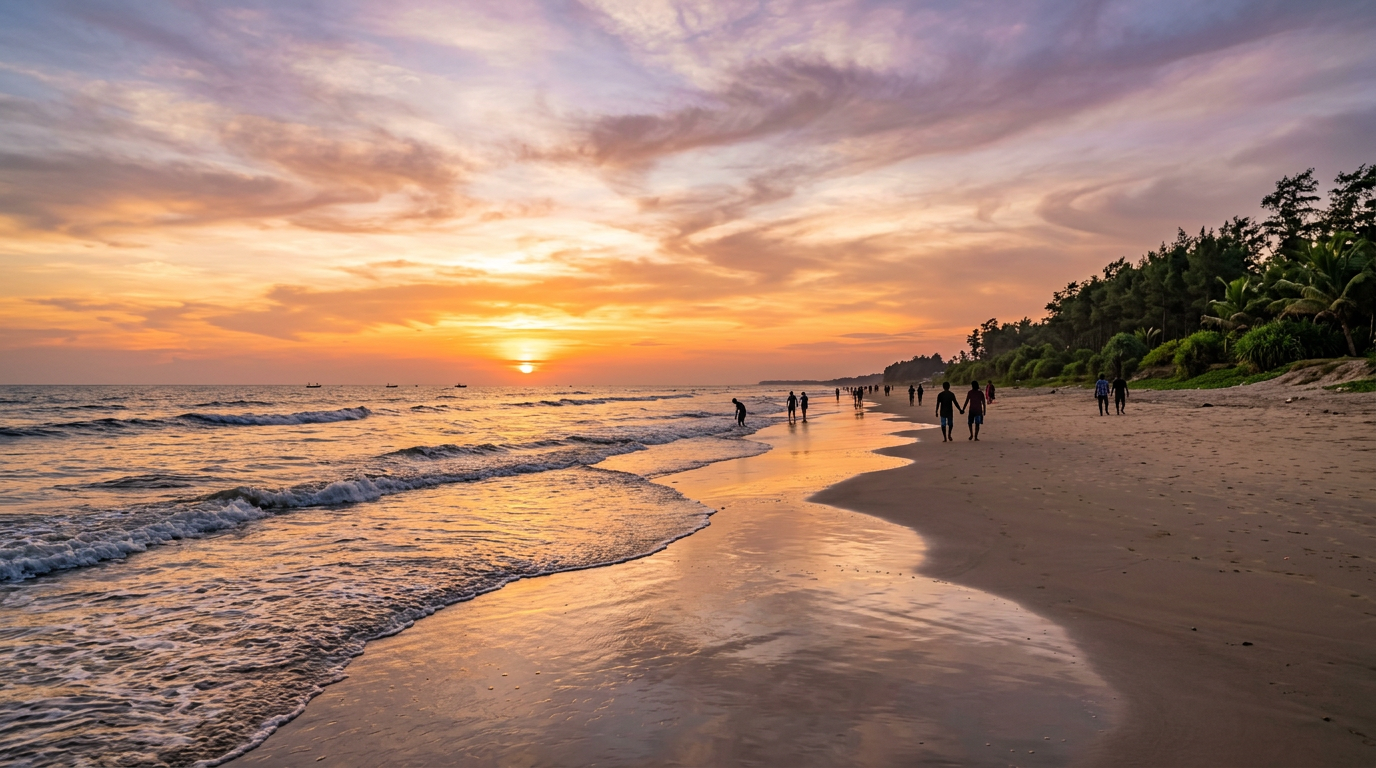 Scenic Mandarmani beach at sunset with golden sand, rolling waves, and a colourful sky — part of a Sundarban Mandarmani combo tour package