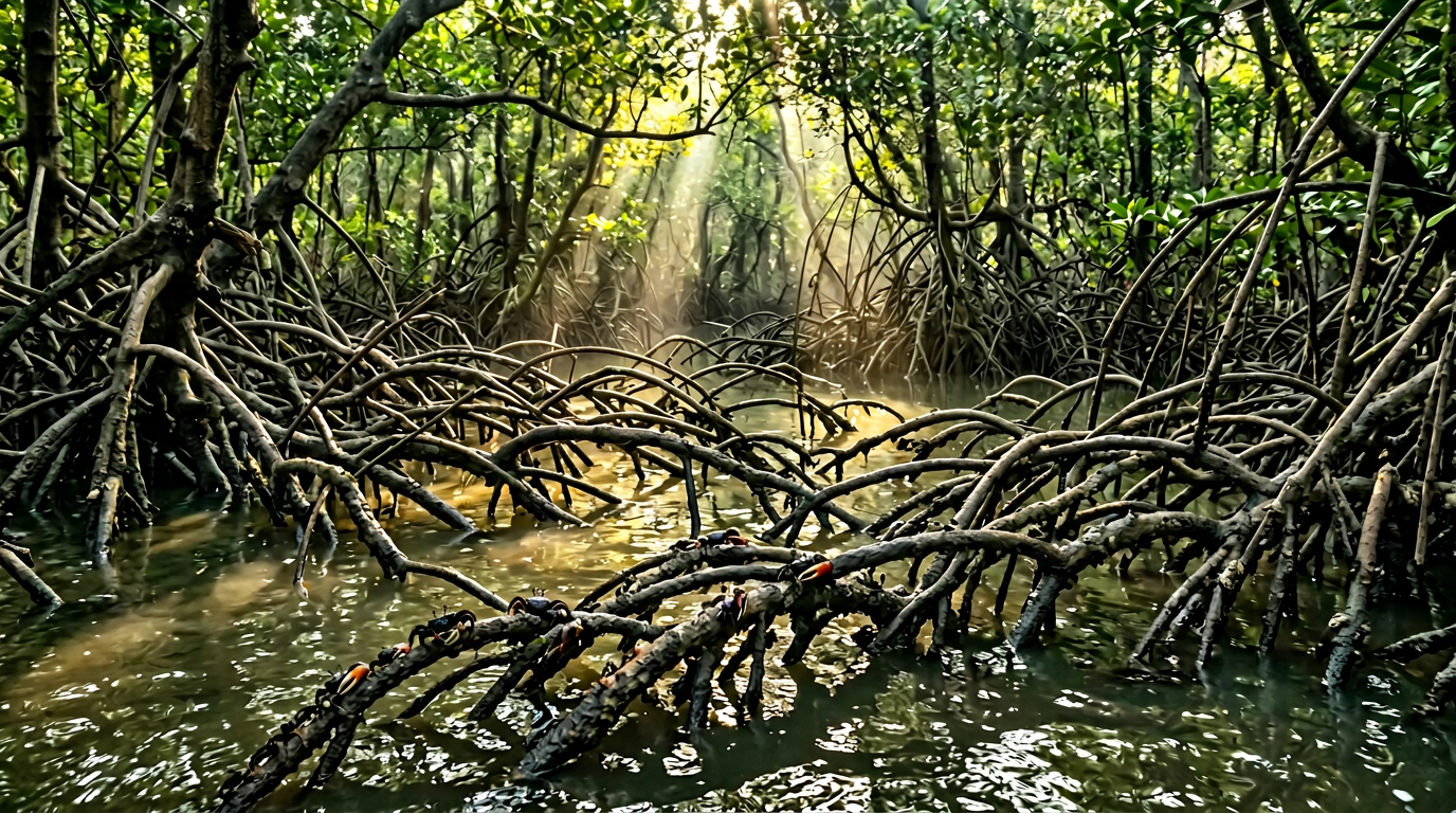 Dense Sundarban mangrove forest roots submerged in tidal water with sunlight filtering through the canopy