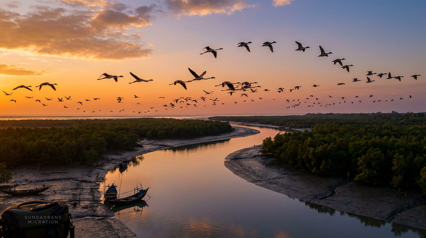 Flock of migratory birds flying over Sundarban mangrove wetlands at sunset