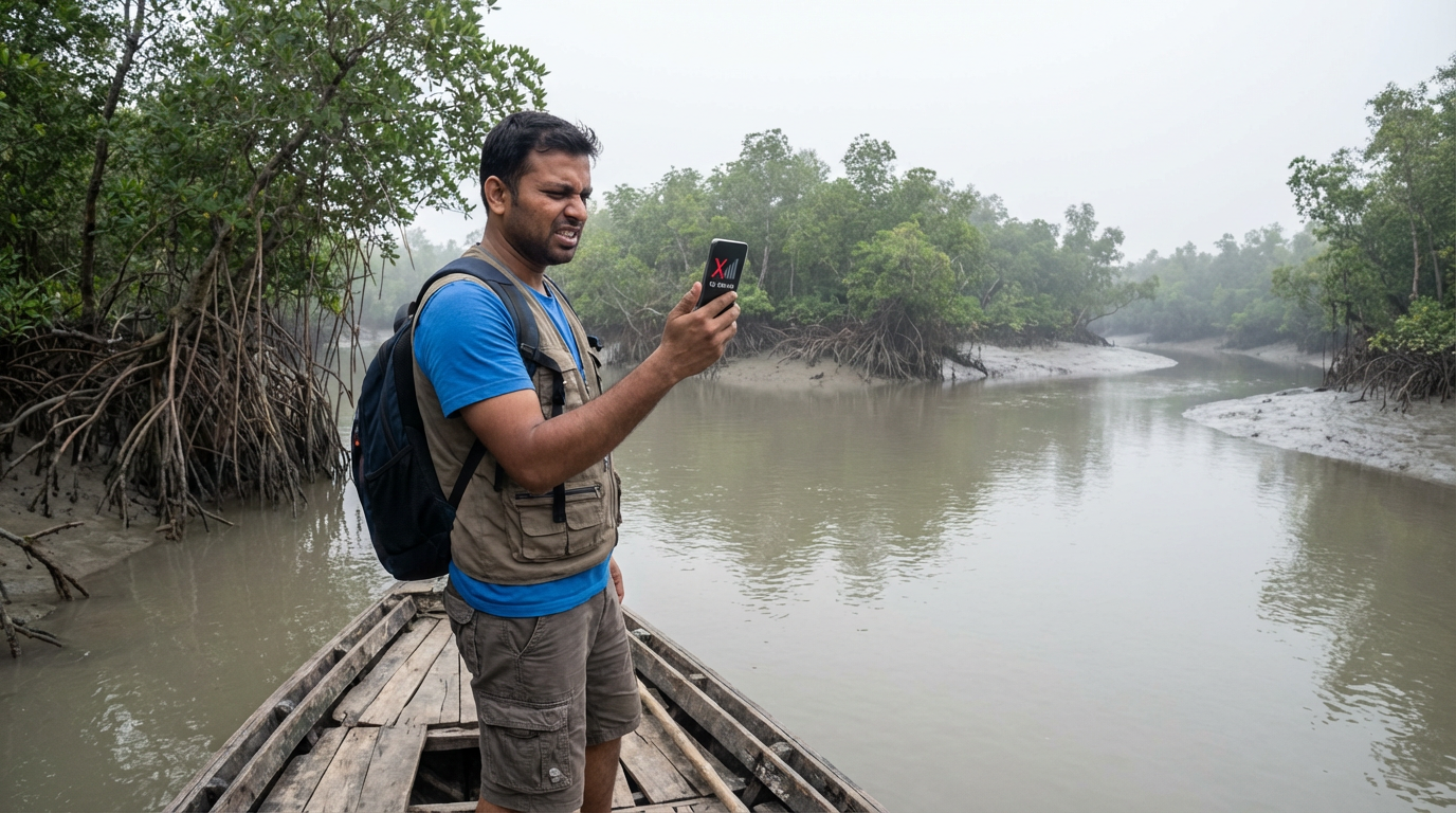 Tourist on a Sundarban boat holding phone with no signal bars — mobile network coverage guide