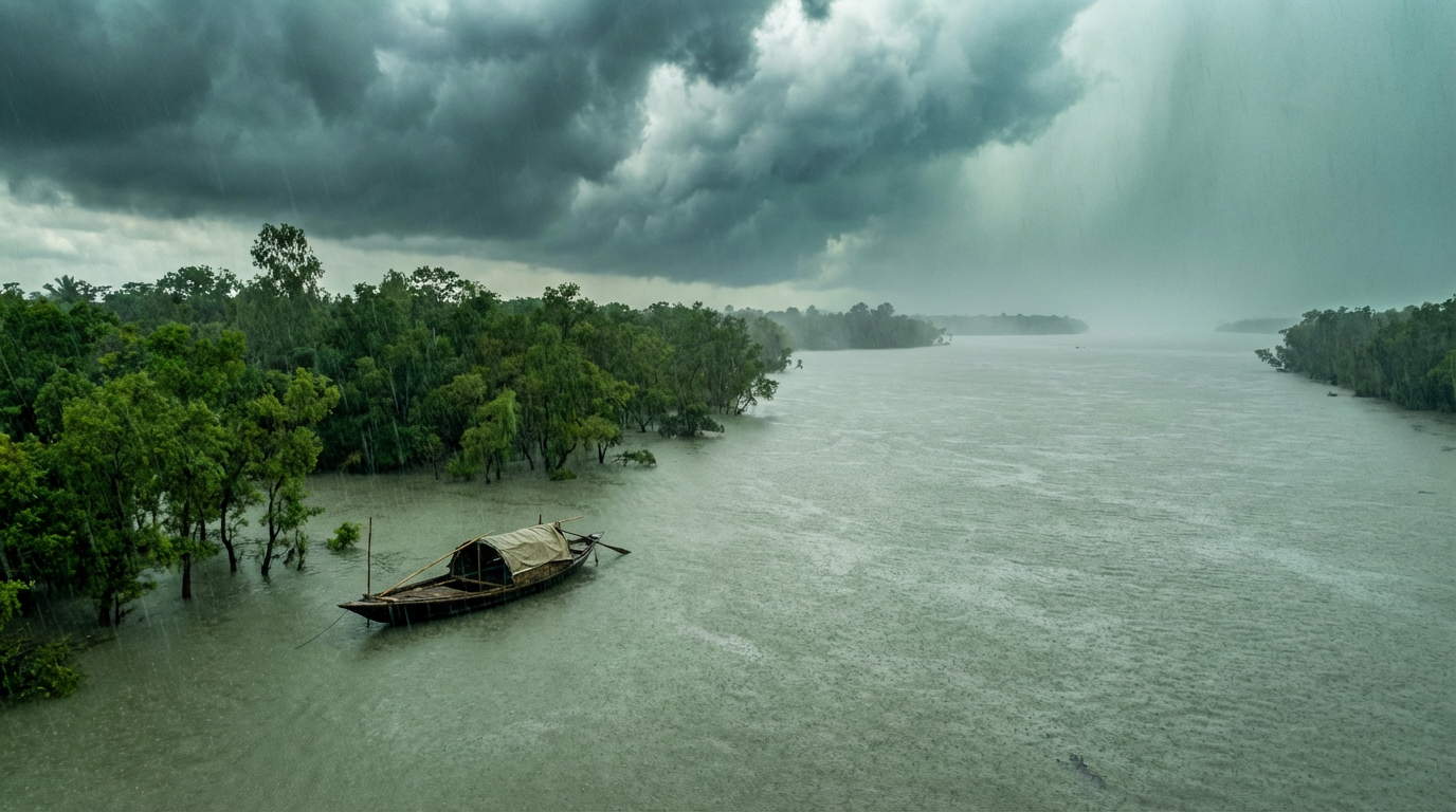 Heavy monsoon rain pouring over a Sundarban river with dramatic storm clouds and lush green mangrove forests
