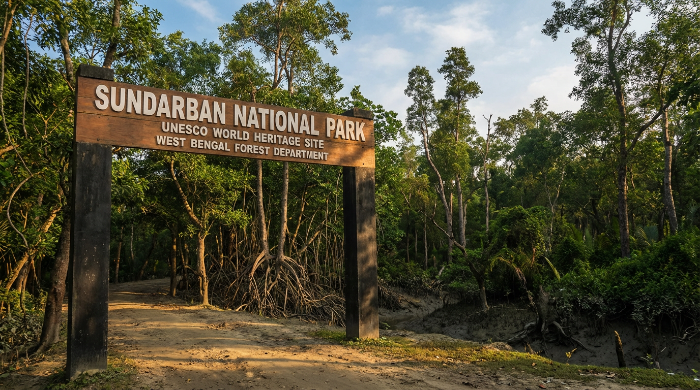 Sundarban National Park entrance board with dense mangrove forest in the background