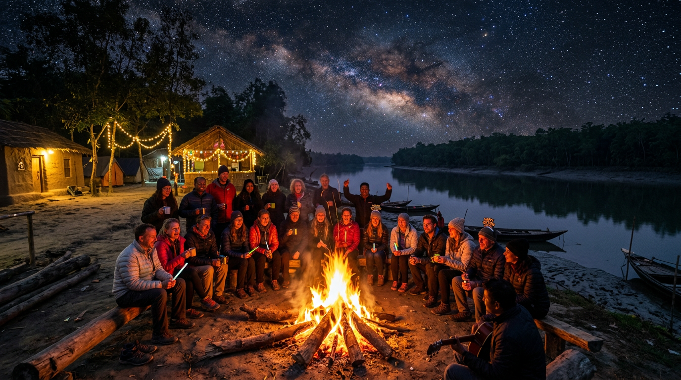 Tourists celebrating New Year around a bonfire at a Sundarban riverside camp with the starry night sky and mangrove forest in the background