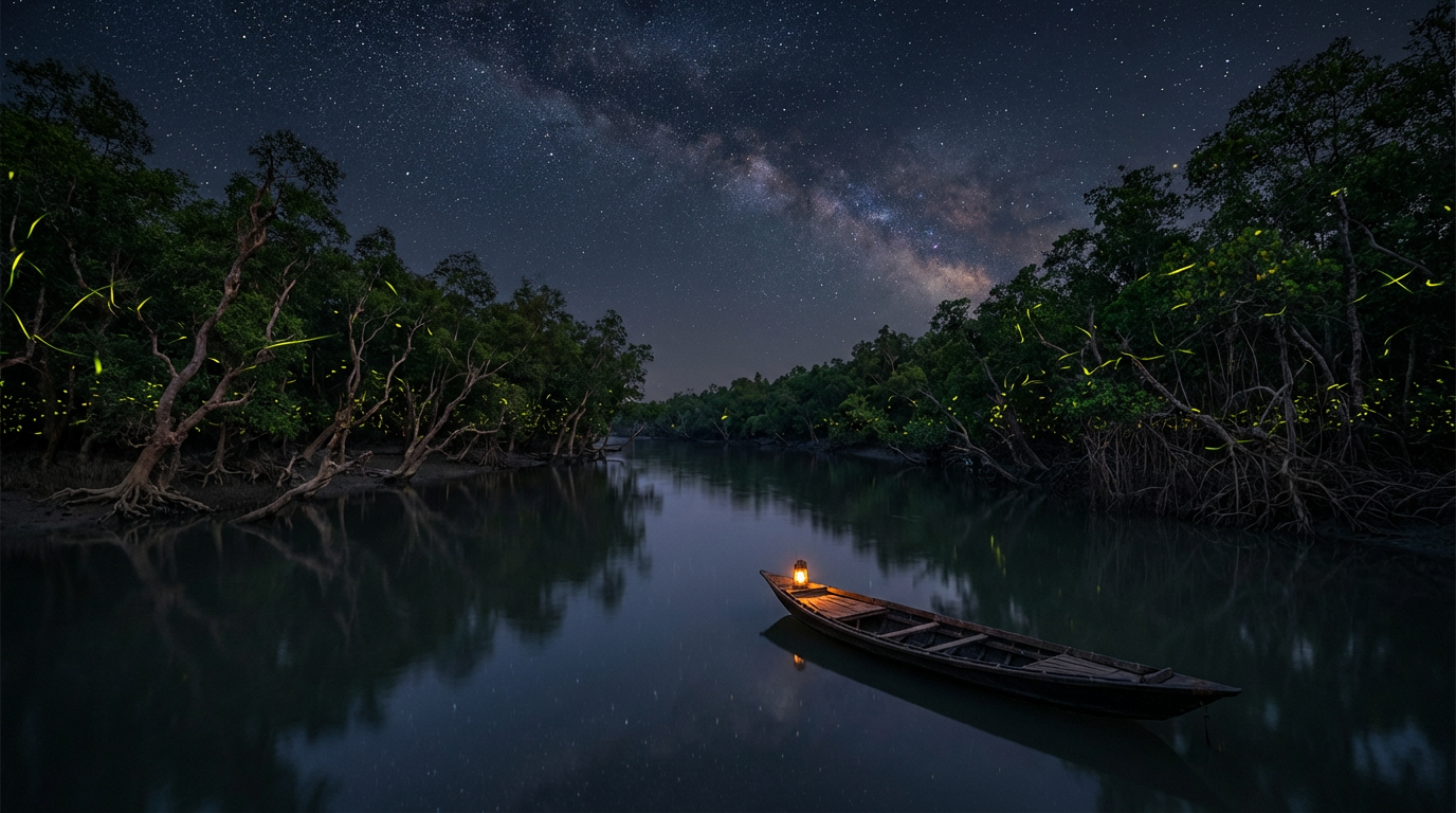 Sundarban river at night with fireflies glowing in mangrove trees and starry sky