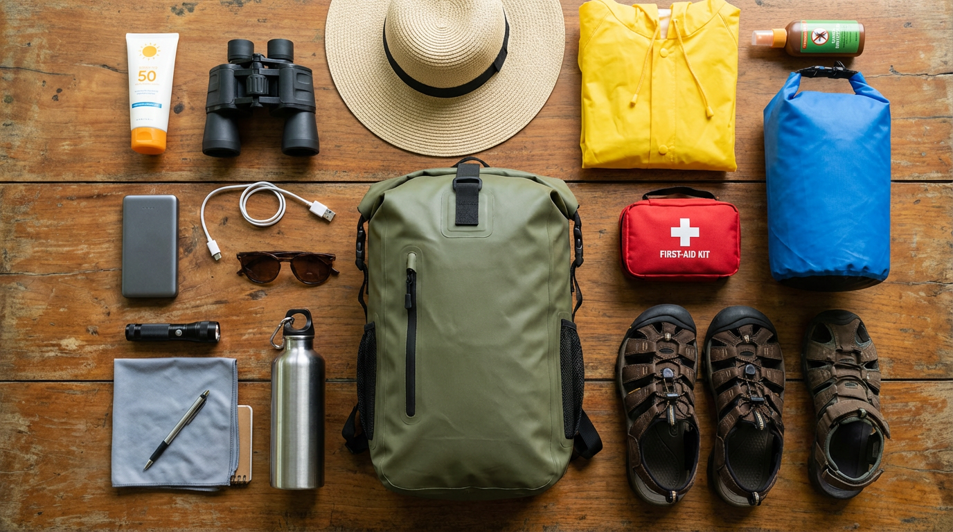 Sundarban packing list essentials laid out on a table including backpack, binoculars, sunscreen, hat, and raincoat