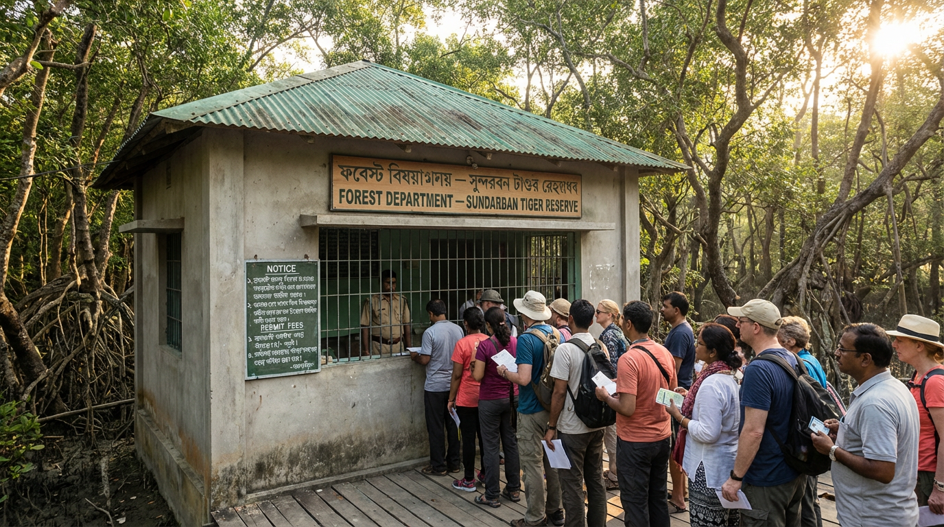 Sundarban permit and entry fee — tourists queuing at Sajnekhali permit office in 2026