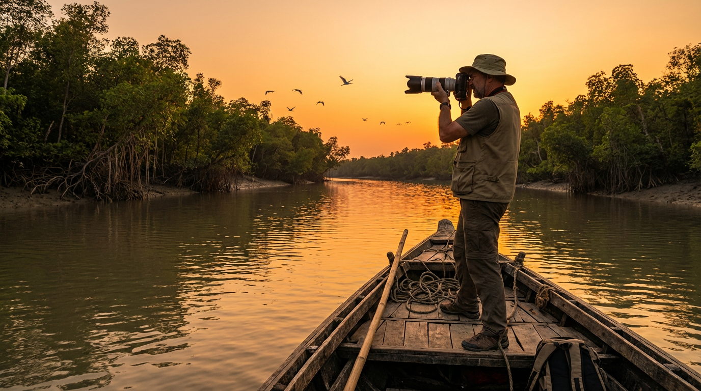 Sundarban photography tour — photographer on boat capturing golden sunset over mangrove river