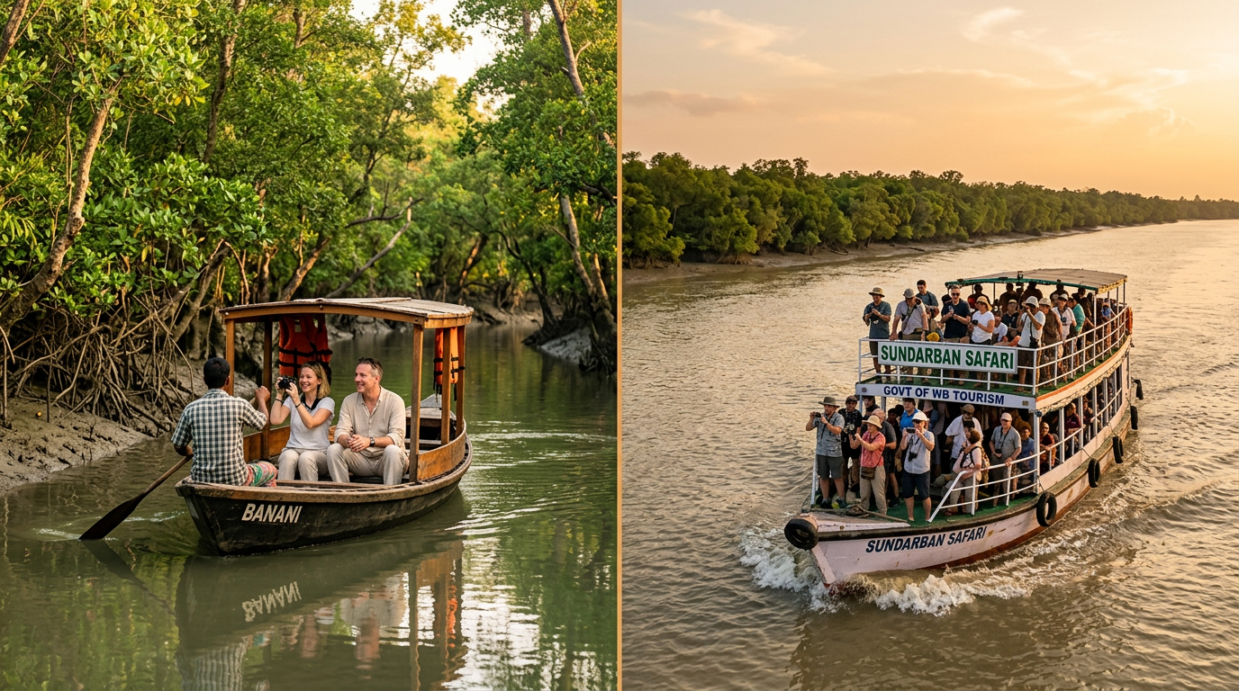 Sundarban private tour vs group tour — private boat on a quiet creek next to a crowded group safari boat
