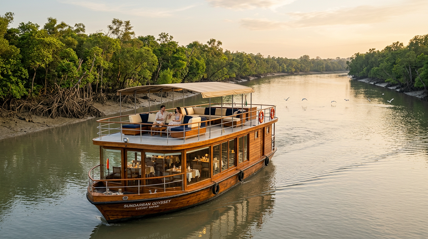 Luxury houseboat cruising a wide Sundarban river at golden hour with dense mangrove forest on both banks