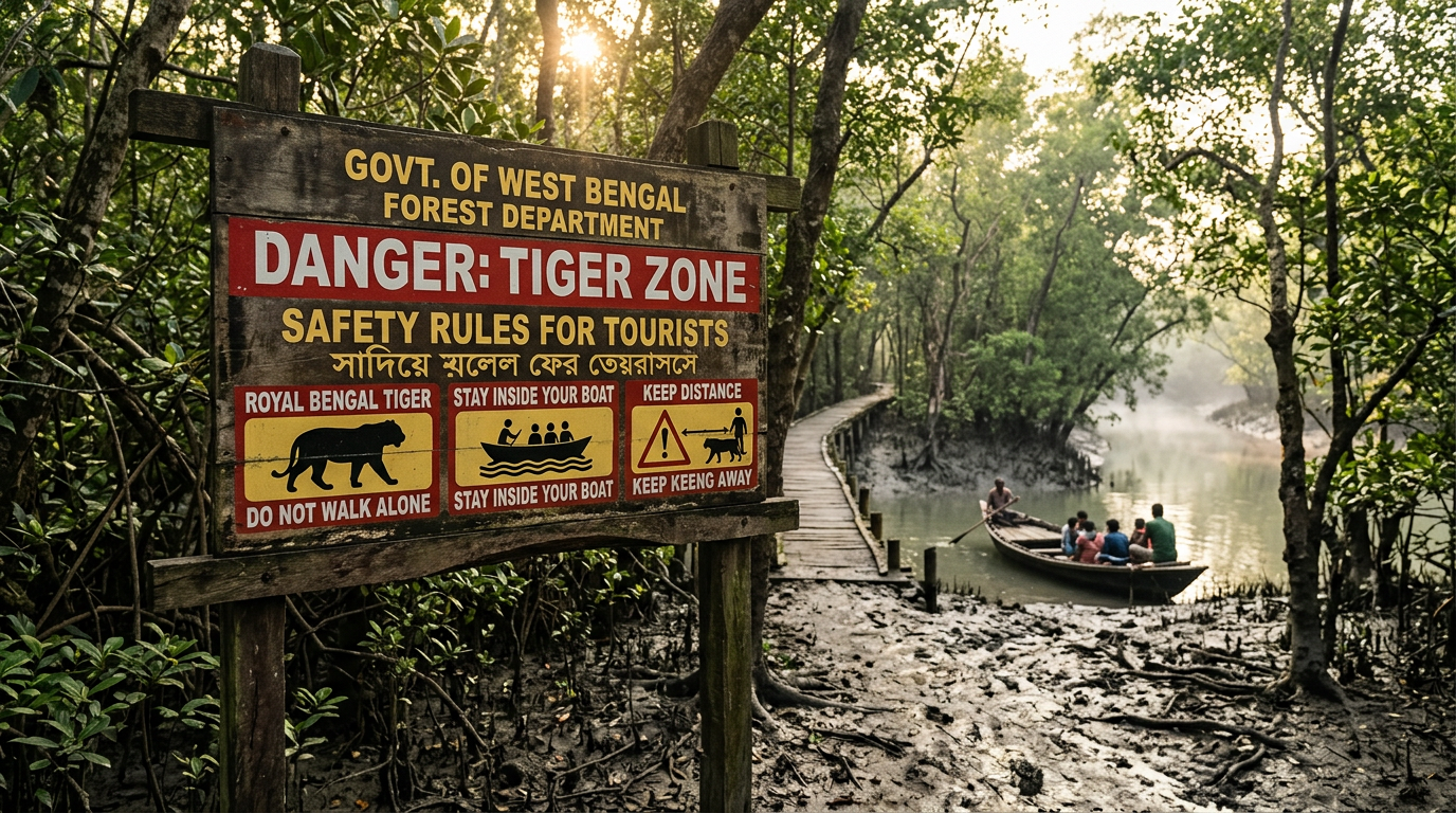 Safety signboard at Sundarban forest entry displaying tiger zone warning and tourist safety rules