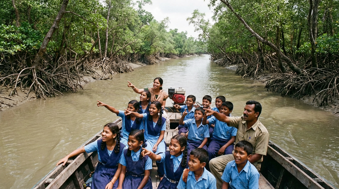 Group of Indian school students in uniform standing at a Sundarban watchtower during an educational tour, with mangrove forest and tidal river in the background