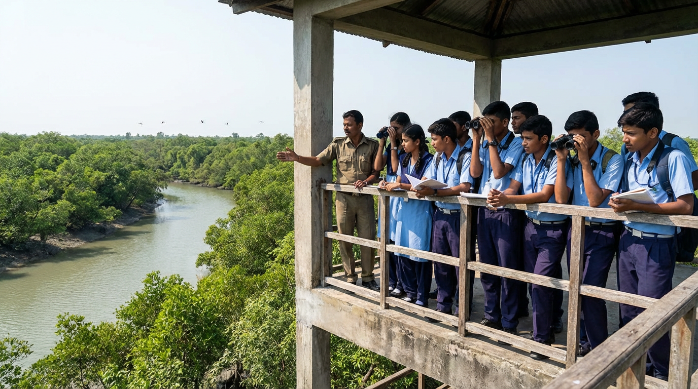 Sundarban trip for students — school group at watchtower learning about wildlife and mangrove ecology