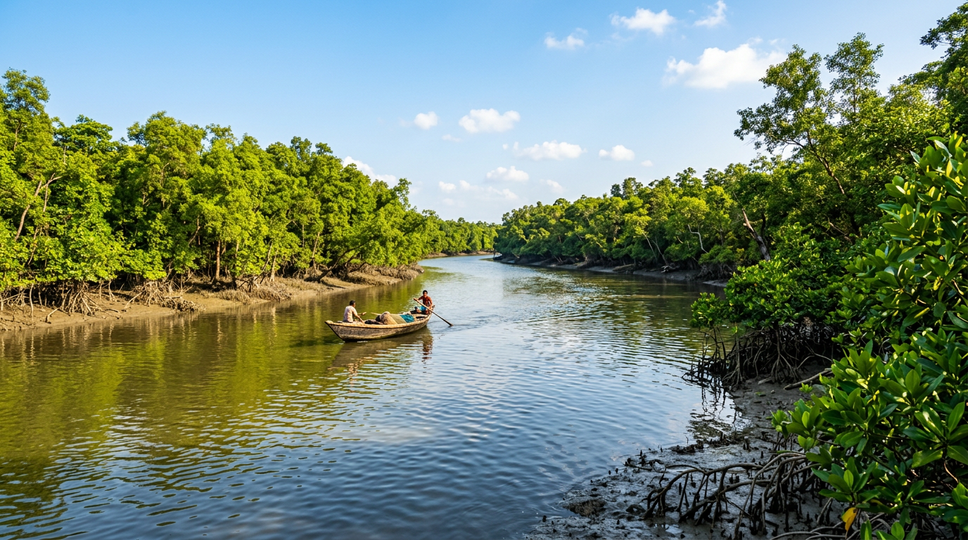 Lush green Sundarban mangrove forest in summer with bright sunlight on a calm river and a traditional boat — ideal for a Sundarban summer tour