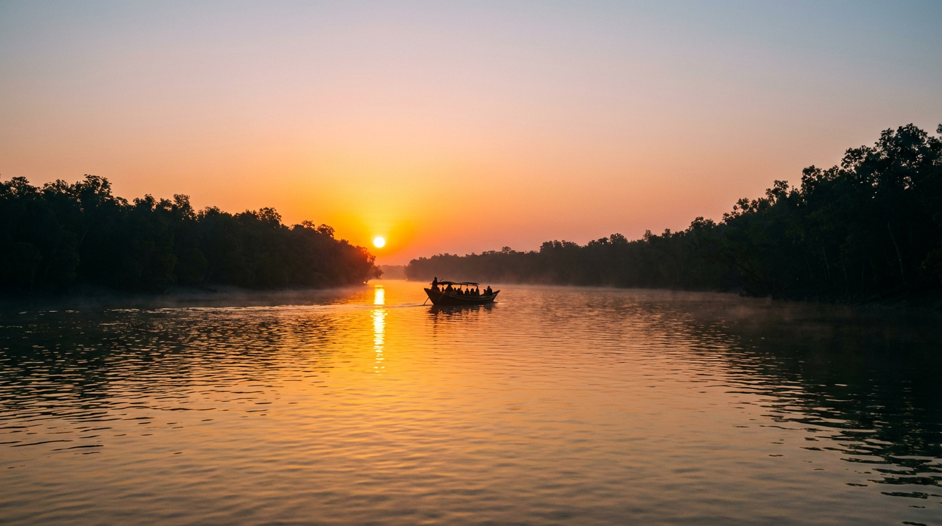 Golden sunrise over a calm Sundarban river with silhouetted mangroves and a safari boat gliding through morning mist