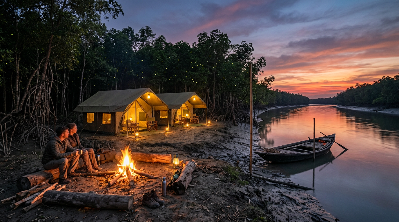 Safari tents on a Sundarban riverbank at dusk with campfire and mangrove backdrop
