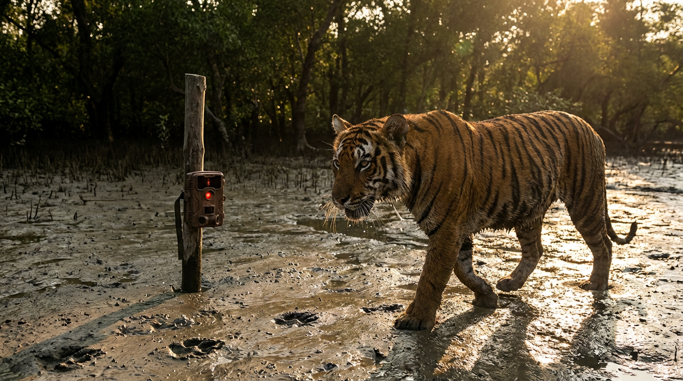 Sundarban tiger population census 2026 — Royal Bengal Tiger walking across a Sundarban mudflat near a camera trap