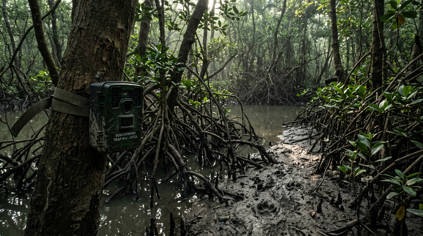 Camera trap strapped to a mangrove tree inside Sundarban Tiger Reserve for monitoring the tiger population