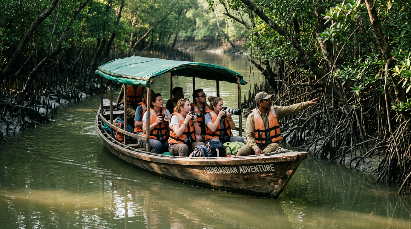 Boat safari through narrow Sundarban creek with tourists searching for Royal Bengal Tiger