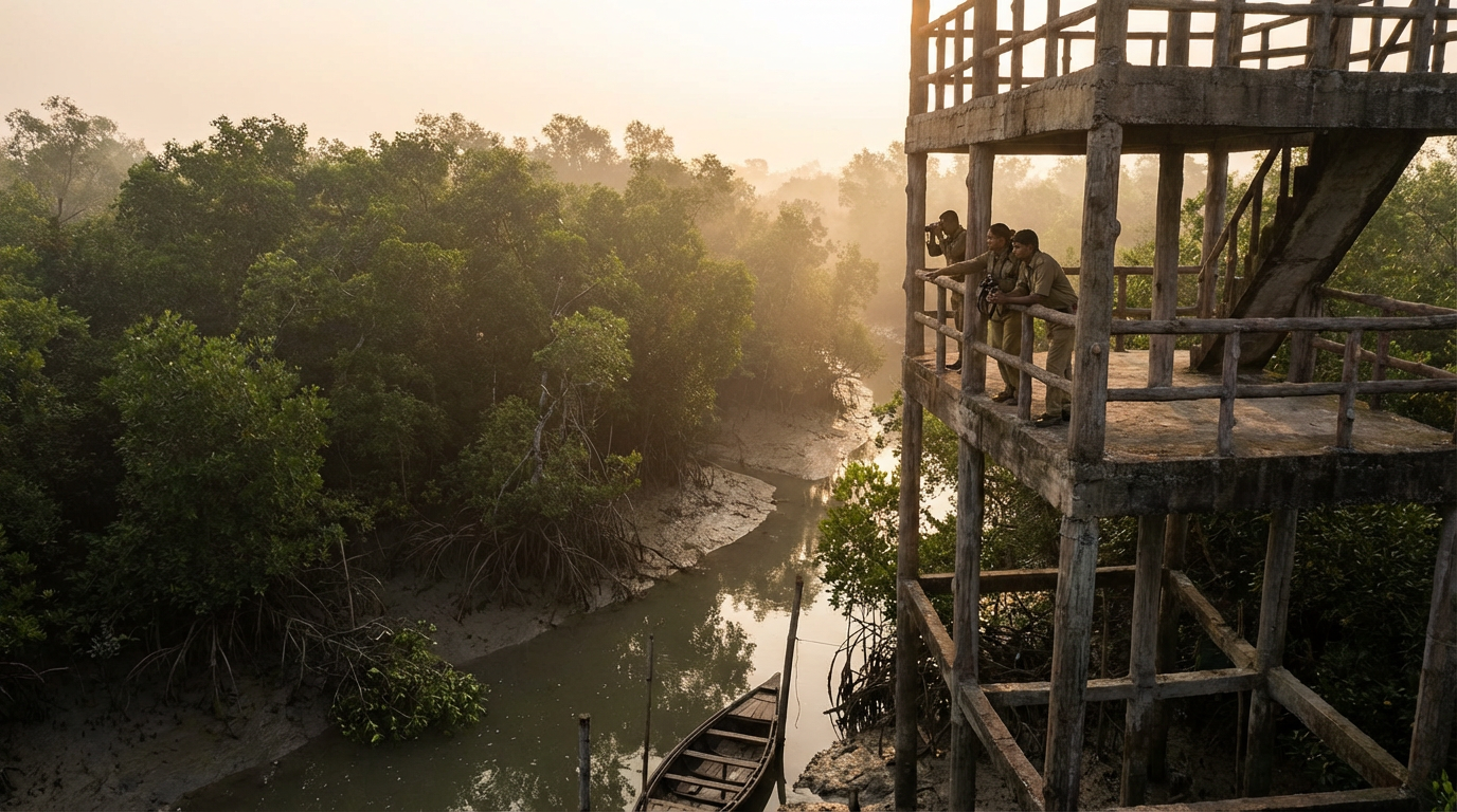 Tourists on a Sundarban watchtower scanning mangrove creeks for a Royal Bengal Tiger sighting