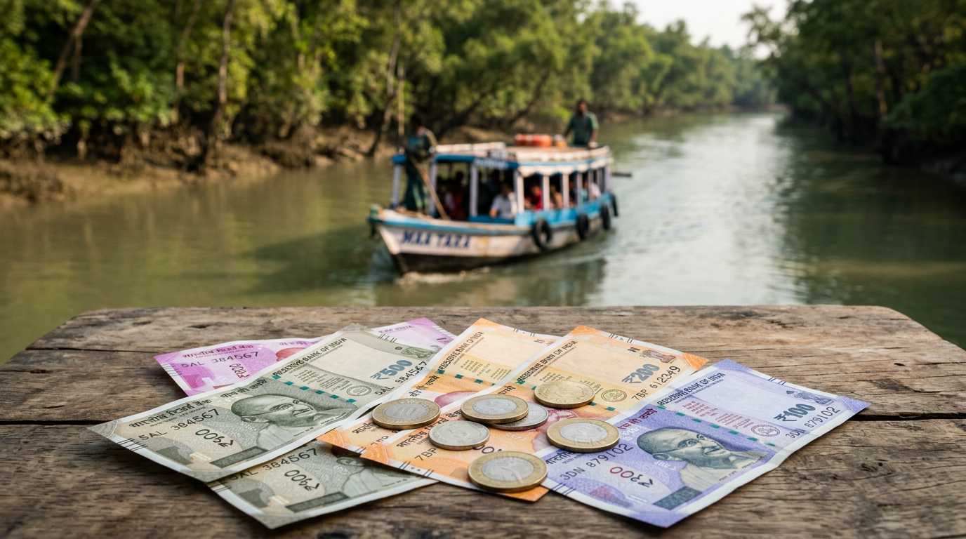 Indian rupee notes and coins on a wooden surface with a Sundarban tourist boat cruising through mangrove creeks in the background — visual representation of Sundarban tour cost per person