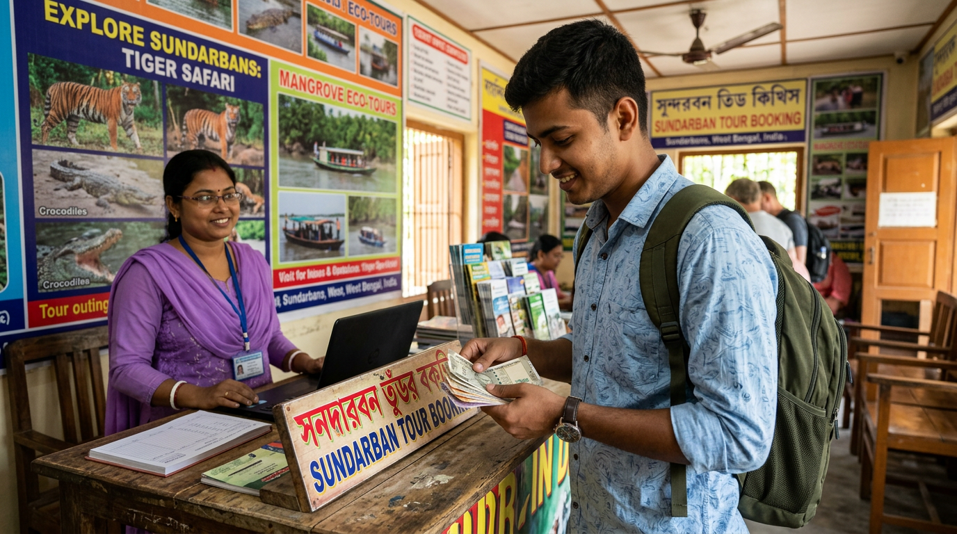 Sundarban tour cost per person — tourist counting money at Sundarban booking counter