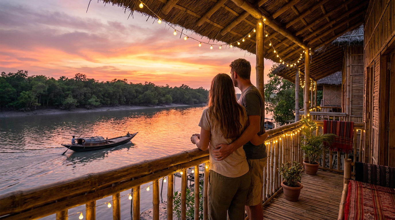 Couple watching sunset from Sundarban riverside resort balcony