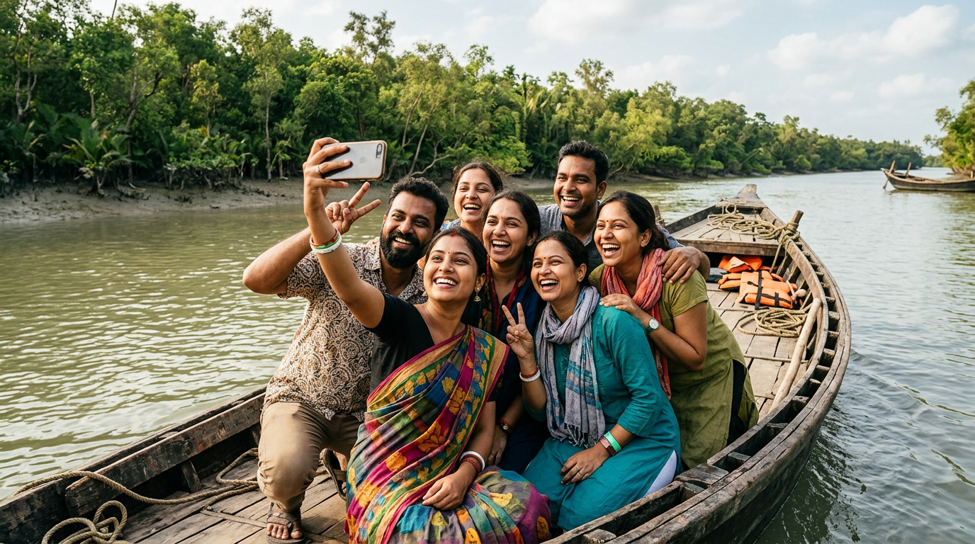 Sundarban tour reviews happy tourists selfie on boat