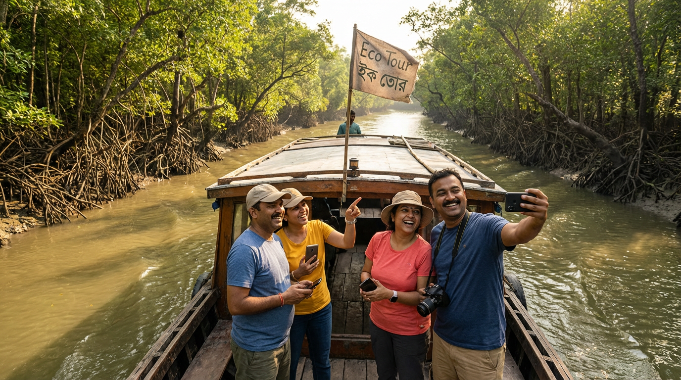 Happy tourist group taking a selfie on a traditional Sundarban boat cruising through mangrove-lined waterways on an affordable eco tour under Rs 5000
