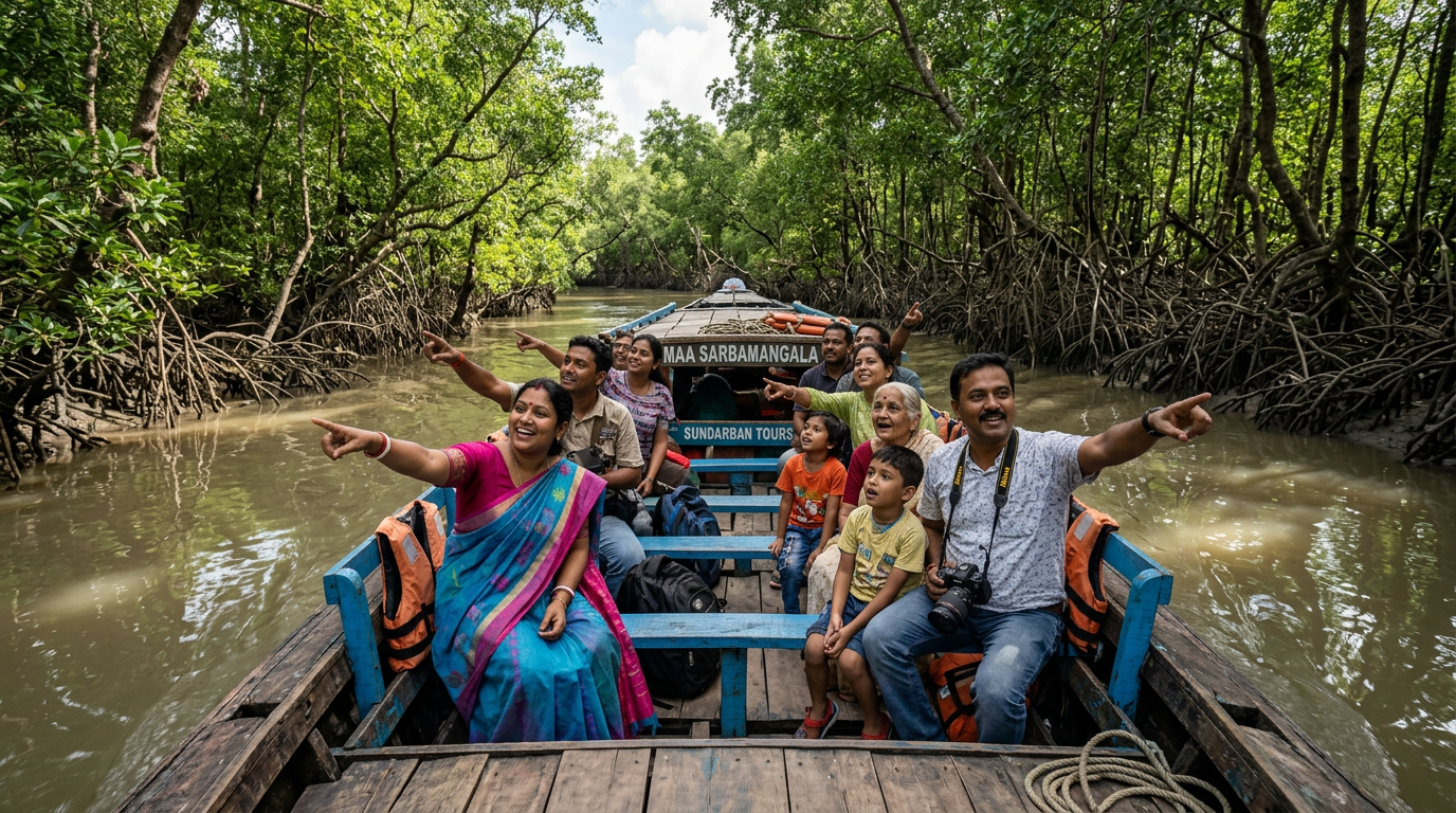 First view of Sundarban mangroves from a tourist boat — arrival moment
