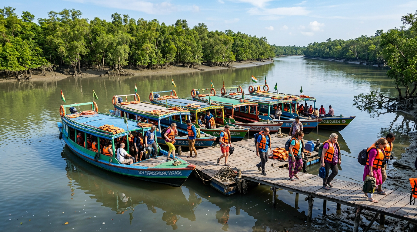 Sundarban Tour from Bhubaneswar — Boat Safari Arrival Tourists boarding boats for a Sundarban safari at the river jetty
