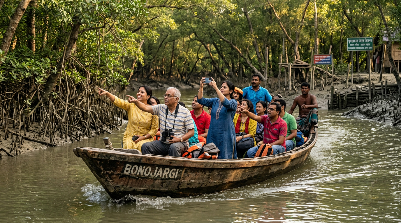 Sundarban Tour from Burdwan Arrival Sundarban tour from Burdwan tourists arriving by boat in mangroves