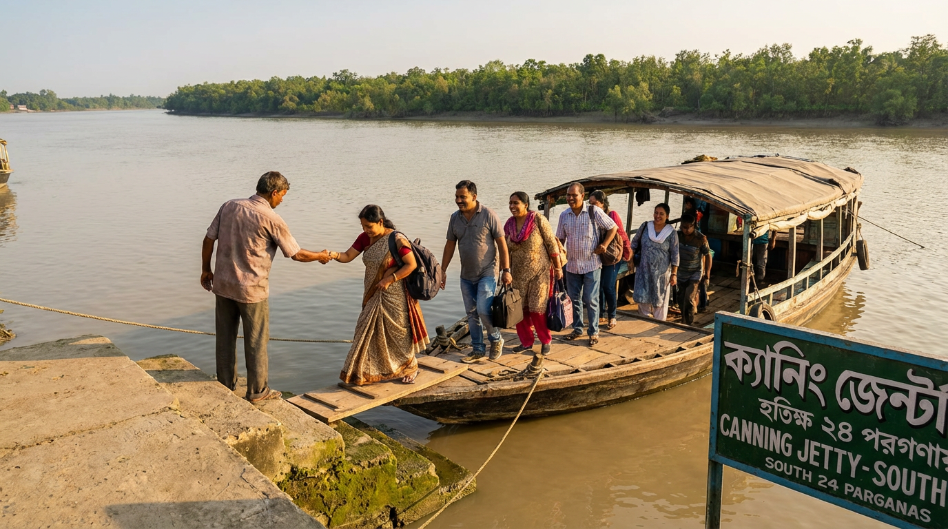 Tourists boarding a boat at Canning jetty for a Sundarban tour